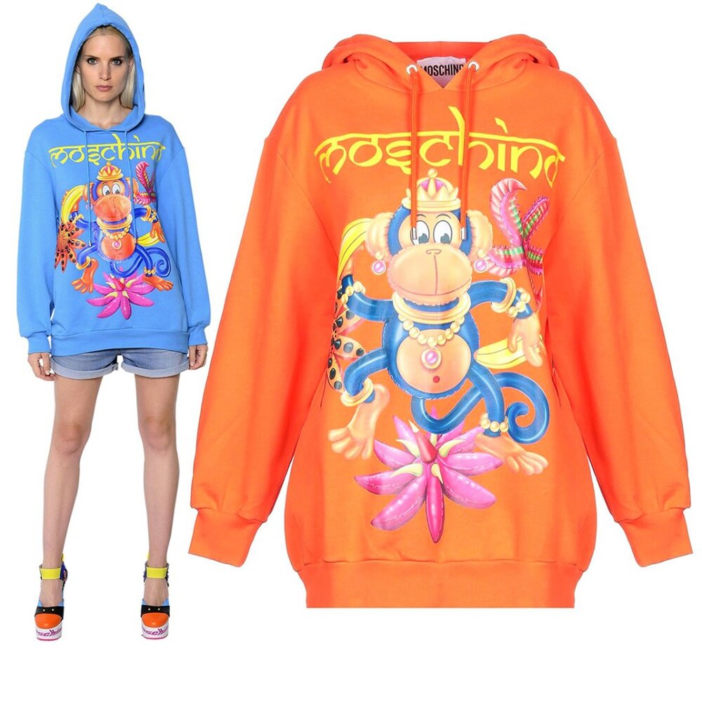 MOSCHINO COUTURE SWEATSHIRT MONKEY PRINT HOODIE ORANGE COTTON sz S SMALL